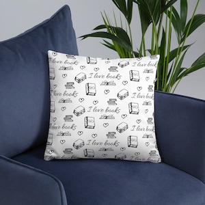 I love books, bookish pillow, reader pillow, reading pillow, gift for readers, book lovers gift Basic Pillow
