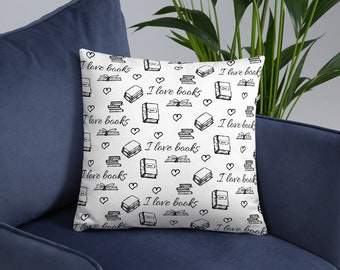 I love books, bookish pillow, reader pillow, reading pillow, gift for readers, book lovers gift Basic Pillow