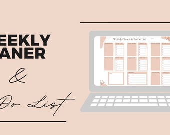 May include: A laptop screen displaying a weekly planner and to-do list template. The template has a light pink background with a floral design and is divided into seven days of the week. Each day has a section for appointments and a to-do list.
