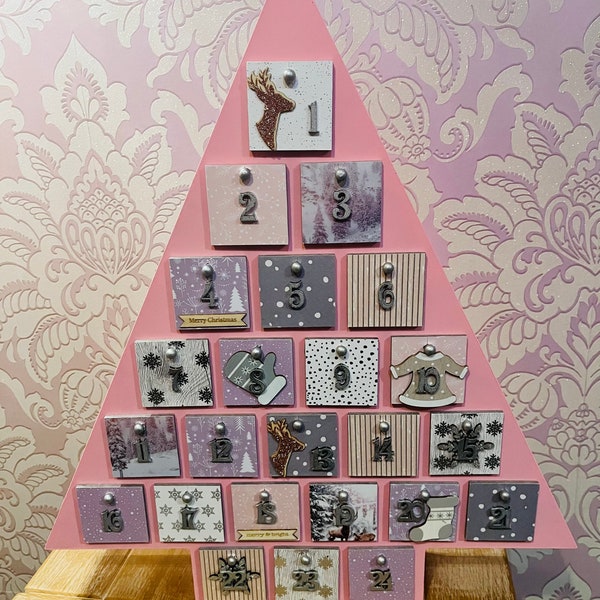 Wooden advent calendar with drawers - fill your own advent calendar- reusable advent calendars - pink silver and white advent calendar girls