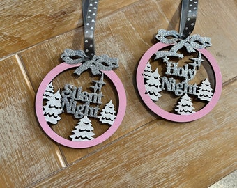 Pink white and silver Wooden Christmas Tree Decorations - hand decorated Baubles - Silent night - holy night -