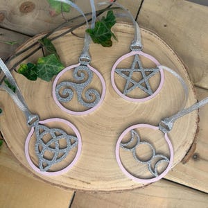 Triple Moon Witch Baubles: Hand Painted Wiccan Decor, Pink & Silver