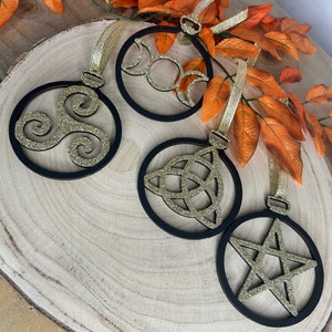 Wiccan Baubles: Hand Painted Glitter Pagan Ornaments, Set of 4