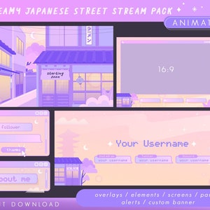 ANIMIERTES Twitch Stream Paket / verträumtes japanisches Straßen Thema / Overlays Elemente Alarm Panels Bildschirme Sakura Mond Funken Vtuber Ästhetik