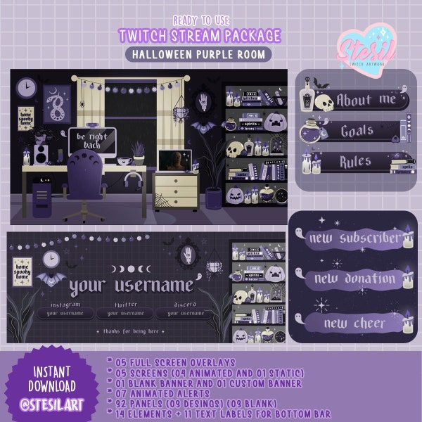 ANIMATED Twitch Stream Package / Purple halloween room theme / esoteric / magic / astrology / moon / ouija /witch Streamer