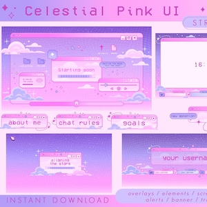Puede incluir: Un paquete de streaming titulado Celestial Pink UI que presenta varios elementos de interfaz en tonos rosa y morado. El conjunto incluye ventanas con motivos de nubes, estrellas y texto como Starting soon, About me, Chat rules, Goals y Your username.