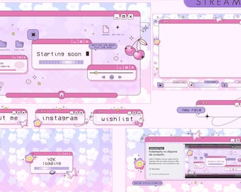 ANIMATED Y2K cute pink interface UI Stream Package / TWITCH / flower cherry butterfly retro computer overlay alert panel screen vtuber