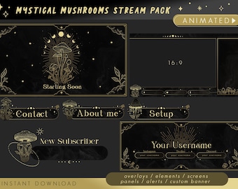 ANIMATED Twitch Stream Package / mystical mushrooms theme / overlays alerts panels screens moon tarot esoteric spark vtuber aesthetic decor