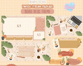 May include: A digital Boho Desk Theme Twitch stream package with overlays, screens, alerts, panels, and elements. The design includes a neutral color palette with botanical illustrations, a laptop, and a coffee cup. The package is ready to use.