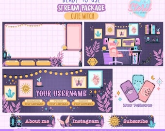 ANIMATED Twitch Stream Package / Cute Witch Setup Theme / halloween / magic / pink / Purple /Streamer Graphics / Overlays