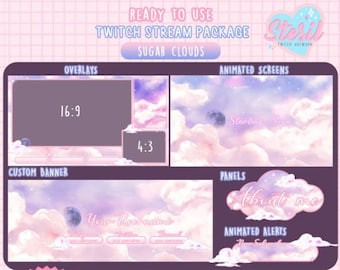 May include: A digital Twitch stream package with a pastel pink and purple cloud theme. The package includes overlays, animated screens, custom banners, panels, and animated alerts. Text includes "Ready to Use", "Sugar Clouds", and "About Me".