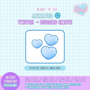 ANIMATED Twitch and Discord Emote / HEARTS rain / BLUE Color Valentine&#39;s Emote / love /  kawaii / Donation / Streamer / Pastel