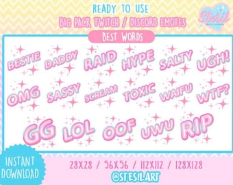 Twitch and Discord WORDS Emotes Pack / GG lol oof uwu rip omg sassy waifu daddy toxic wtf raid hype ugh bestie / static emote