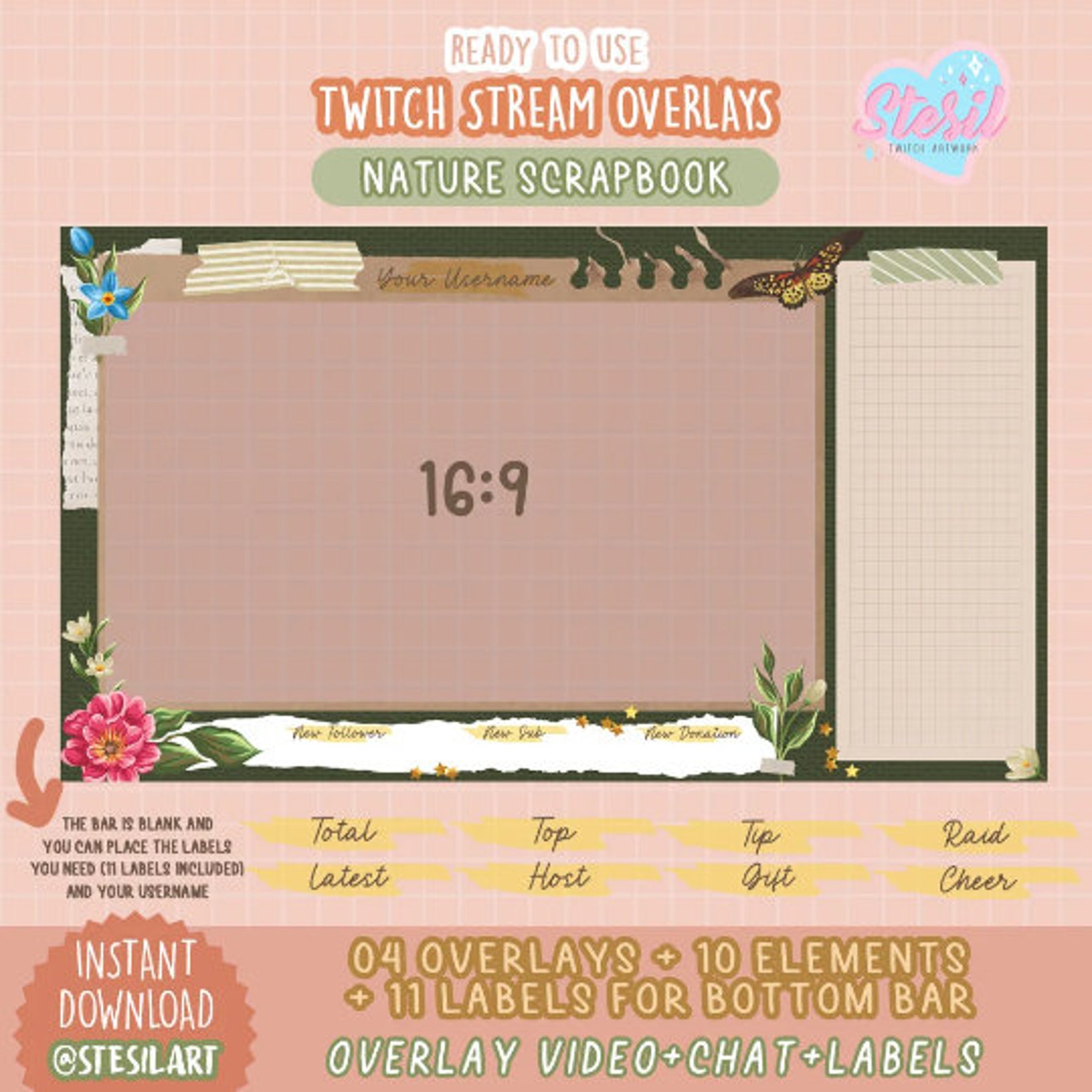 ANIMATED Twitch Stream Package / Nature Scrapbook Theme / Cottagecore