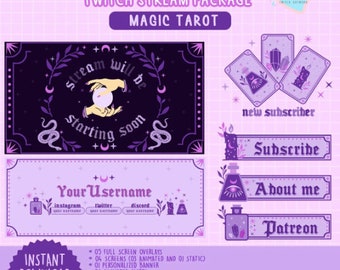 ANIMATED Twitch Stream Package / Magic Tarot theme / esoteric / magic / astrology / moon / purple / Streamer Graphics