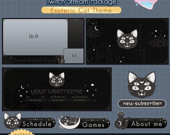 ANIMATED Twitch Stream Package / Esoteric Cat theme / sky / magic / clouds / moon / gold / tarot / Streamer Graphics / minimal kitty