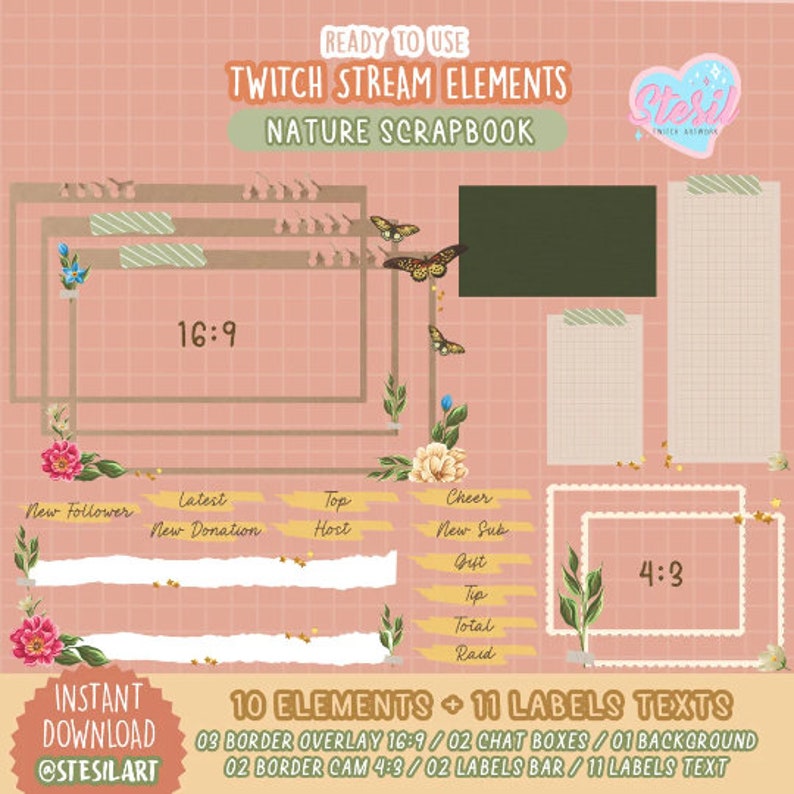 ANIMATED Twitch Stream Package / Nature Scrapbook Theme / Cottagecore