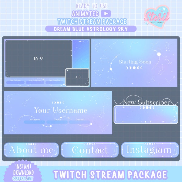 ANIMATED Twitch Stream Package / Dream BLUE Astrology Sky theme / purple / iridescent / Zodiac / Pastel / galaxy / Streamer Graphics