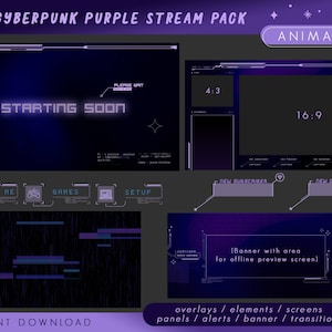 ANIMATED Twitch Stream Package / Cyber punk purple theme / overlays alerts panels screens spark vtuber aesthetic y2k hacker hud futuristic