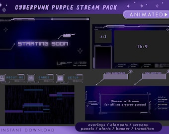 ANIMATED Twitch Stream Package / Cyber punk purple theme / overlays alerts panels screens spark vtuber aesthetic y2k hacker hud futuristic