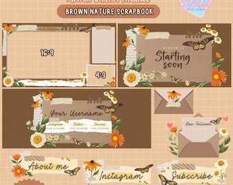 ANIMATED Twitch Stream Package / Brown Nature Scrapbook theme / Cottagecore / Butterfly / Flowers / Spring / sunflower / Daisy
