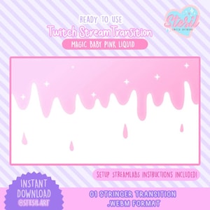 Puede incluir: Un gráfico digital para transiciones de transmisión de Twitch. El diseño presenta un efecto de goteo de líquido rosa bebé sobre un fondo blanco, con acentos de estrellas. El texto incluye "Twitch Stream Transition" y "Magic Baby Pink Liquid". La imagen también incluye el texto "Descarga instantánea" y "01 Stringer Transition .WEBM Format".