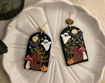 Clay Spooky House Earrings: Halloween Ghost Bat Jewelry