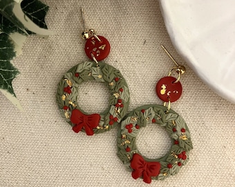 Polymer Clay Christmas Wreath Dangle Earrings: Holiday Jewelry