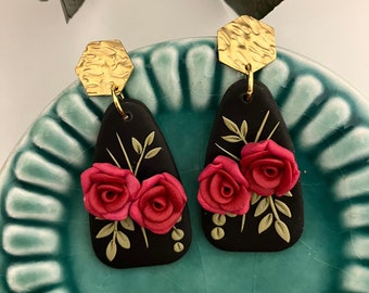 Polymer Clay Rose Dangle Earrings: Floral Boho Jewelry