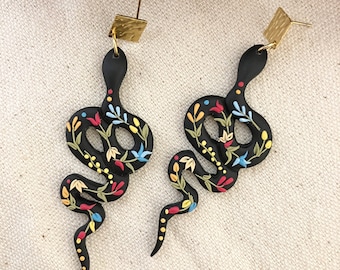 Polymer Clay Snake Earrings: Embroidered Floral Folk Art Jewelry