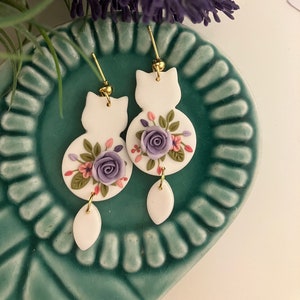 Polymer Clay Floral Boho Earrings, Cat Earrings, feline Jewelry, Gift For Her