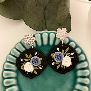 Polymer Clay Rose Earrings, Clay Earrings Floral, Flower Earrings, Clay Floral Jewelry, Blue Floral Earrings, Handmade Jewelry