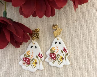 Handmade Halloween Ghost Earrings, Floral Stainless Steel Jewelry