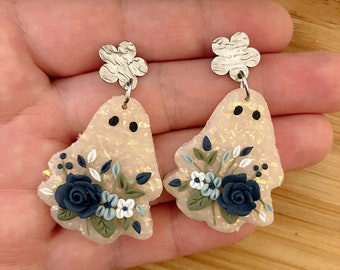 Floral Ghost Earrings: Polymer Clay Boho Halloween Jewelry