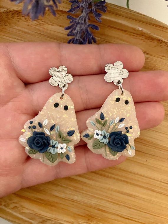 Floral Ghost Earrings: Polymer Clay Boho Halloween Jewelry
