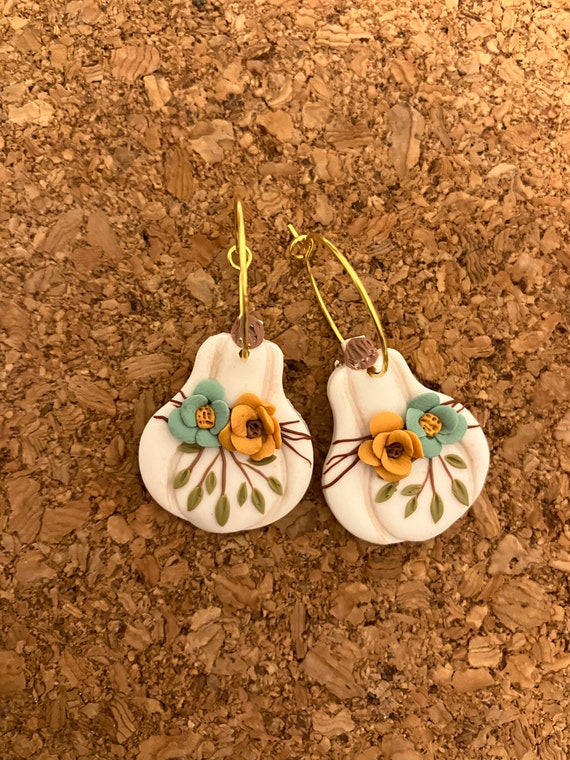 Clay Pumpkin Floral Hoop Earrings: Boho Halloween Jewelry