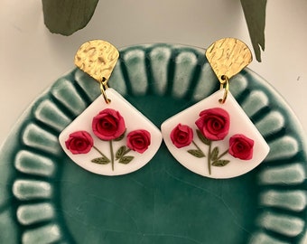 Polymer Clay Rose Earrings: Boho Floral Stainless Steel Earrings