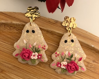 Halloween Ghost Floral Polymer Clay Earrings: Spooky Opal Jewelry