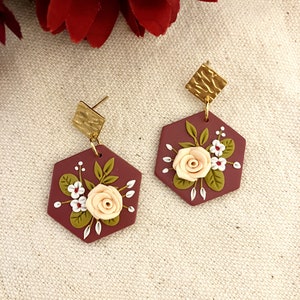 Clay Floral Earrings, Polymer earrings, Burgundy Earrings, Floral Boho Earrings, Mothers Day Gift Ideas, Flower Earrings, Spring Earrings