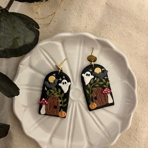 Clay Spooky House Ghost Earrings, Halloween Bat Jewelry, Scary Night Earrings, Haunted House Accessory, Unique Gift