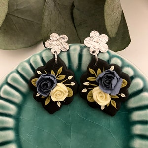 Blue Peonies Clay Earrings, Clay Peony, Clay Floral, Clay Earrings, Polymer Floral Earrings, Gift For Mother, Clay Boho Jewelry