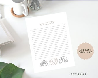 May include: Printable "My Notes" page with lined paper and three abstract rainbow designs at the bottom. The page is white with black lines and the text is in black. The word "INSTANT DOWNLOAD" is in a circle with a brown background.