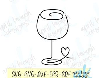 Arte de linha de taça de vinho svg / clip art de taça de vinho / taça de vinho com coração svg / arquivo de corte de taça de vinho fofo Silhueta cricut / design de amante de vinho
