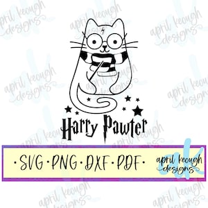 Puede incluir: Ilustración en blanco y negro de un gato con gafas y bufanda, sosteniendo una varita. El texto "Harry Pawter" está debajo, con opciones de tipo de archivo SVG, PNG, DXF y PDF.