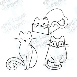 May include: Three black and white line drawings of cats. One cat is sitting with its tail curled around its legs. Another cat is sitting with its eyes closed. The third cat is lying in a box.