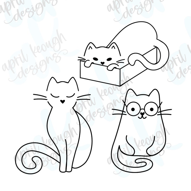 May include: Three black and white line drawings of cats. One cat is sitting with its tail curled around its legs. Another cat is sitting with its eyes closed. The third cat is lying in a box.