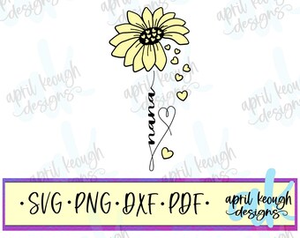 May include: A yellow sunflower with a black outline and a stem with the word "mama" written in cursive.  The stem has small hearts coming off of it.  The text "SVG PNG DXF PDF" is at the bottom of the image.