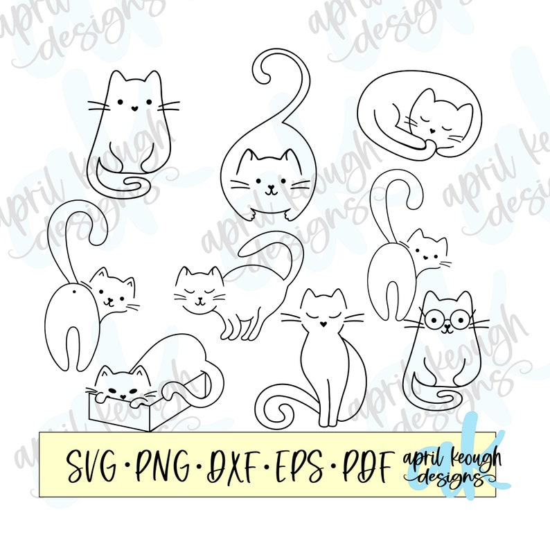 May include: A set of nine black and white line drawings of cats in various poses. The cats are all in a simple, cartoon style. The drawings are perfect for use in crafts, scrapbooking, or digital design.