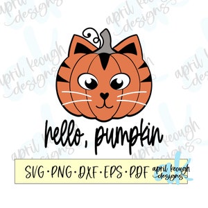 May include: A digital illustration of a pumpkin with a cat face and the text "hello, pumpkin". The pumpkin is orange with black stripes and a gray stem. The cat face has black eyes, a black nose, and black whiskers. The text is in black.
