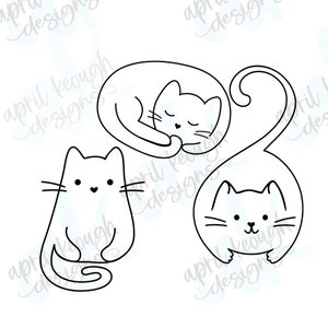 May include: A black and white line drawing of three cats. One cat is curled up sleeping, another is sitting with its tail curled around its legs, and the third is sitting with its tail curled around its body.